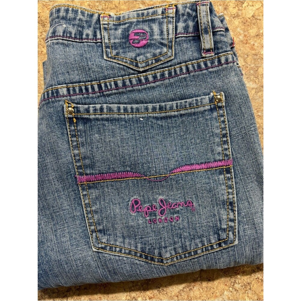 Pepe Jeans Blue Denim Jeans with Pink Embroidery
